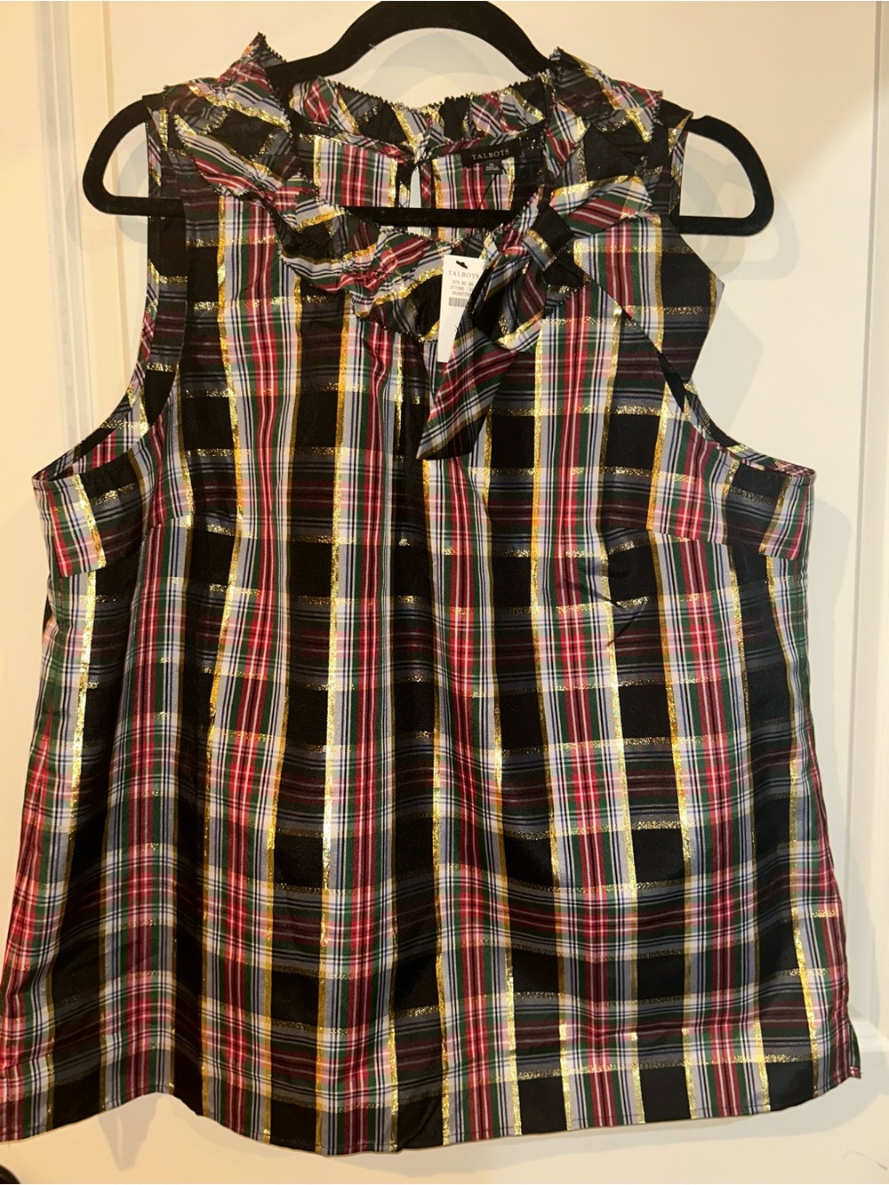 Talbots Black Plaid Ruffle-Neck XL top with Bow Accent